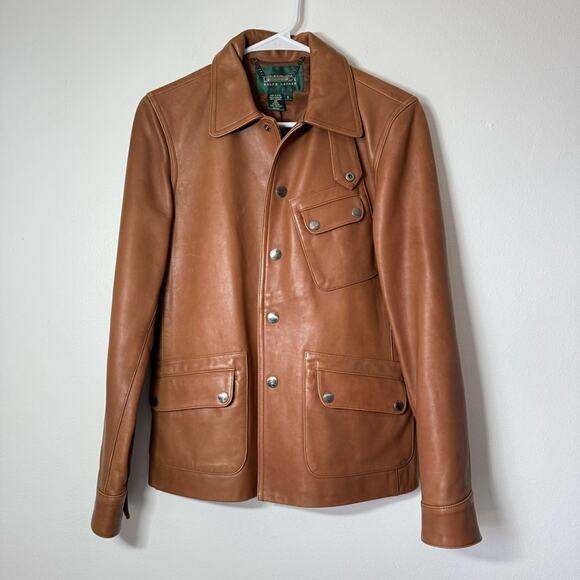 VTG Lauren Ralph Lauren cognac Tan Leather Button Up Jacket equestrian western S - Picture 2 of 6